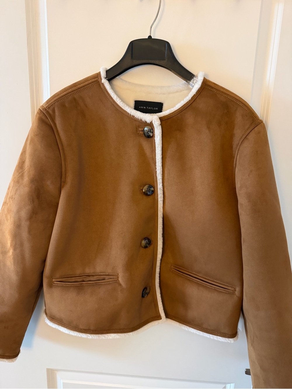 NWOT- Ann Taylor Chestnut Faux-Suede Teddy Jacket with Cream Trim